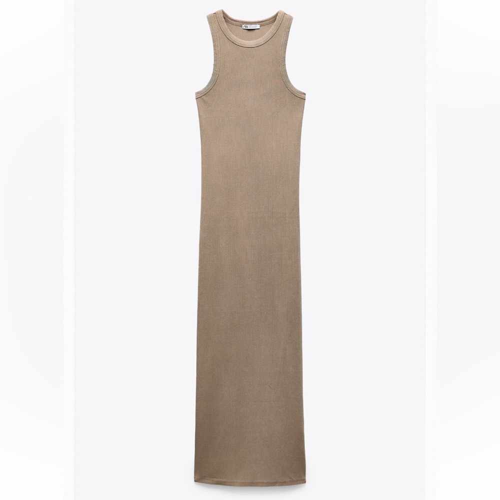 Zara Washed Effect Fitted Rib Dress Taupe Brown